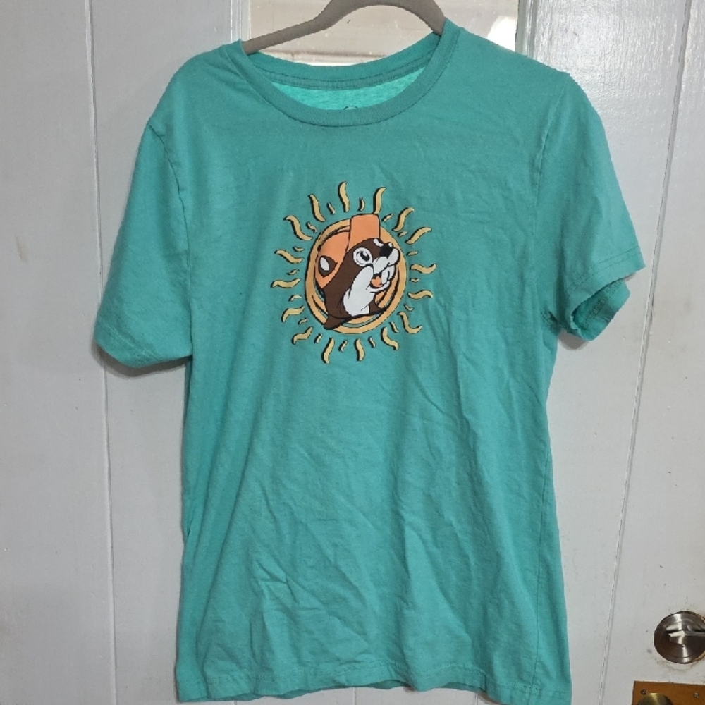 Buc-ee's Women's T-shirt‎ Turquouse Graphic Summer Beaver Sz L EUC